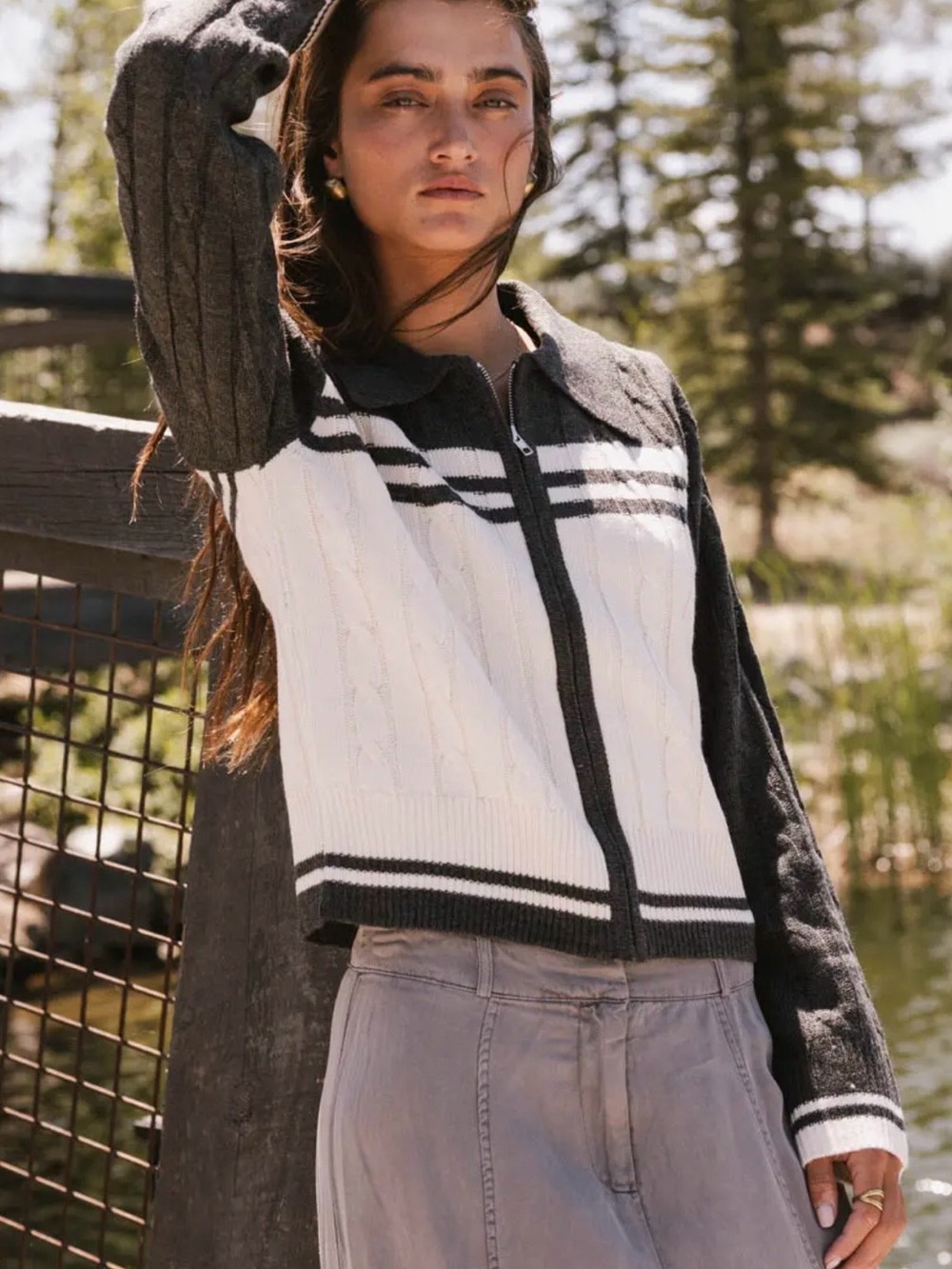 Zip-Front Cable Knit Cardigan - Charcoal Böhme Small
